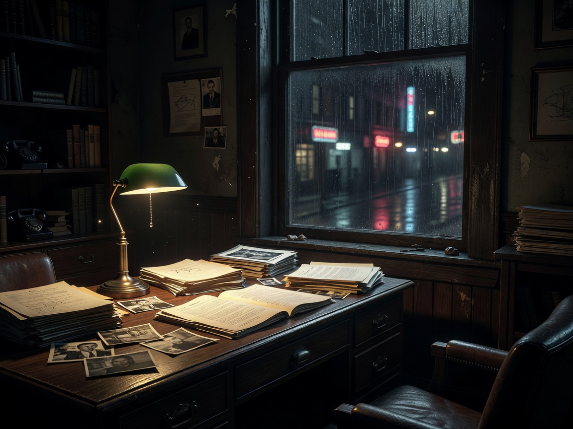 Cinematic noir detective office at night, rain-streaked window, desk lamp casting warm glow over case files