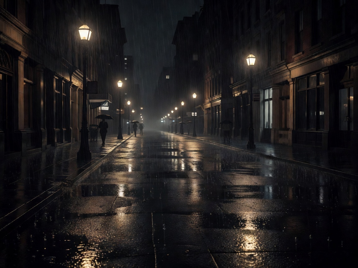 Rainy noir city street at midnight, wet pavement reflecting glowing street lamps, cinematic shadows