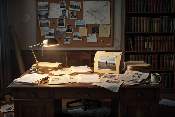 Refined detective case room, desk lamp glowing over scattered manila folders and newspaper clippings